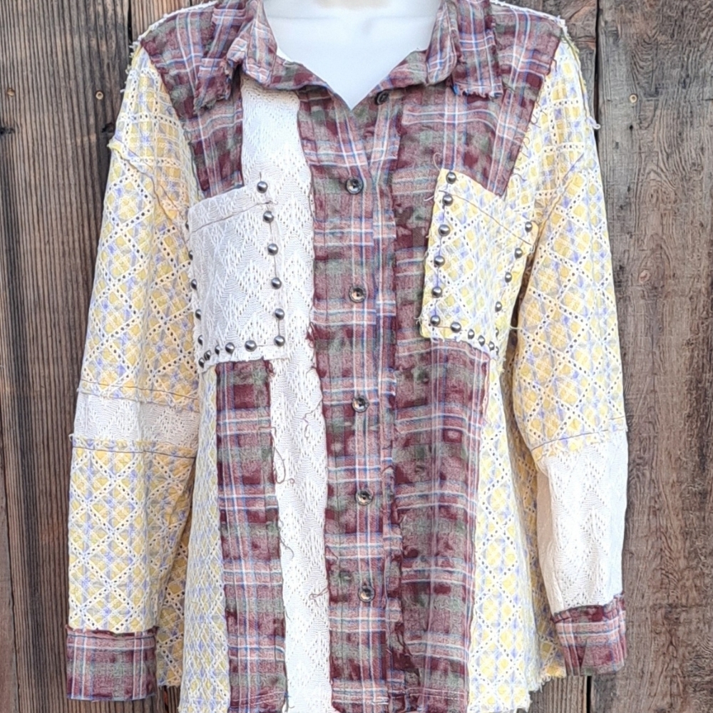 Pol Patchwork Plaid Lace Studded Shacket Oversize… - image 1